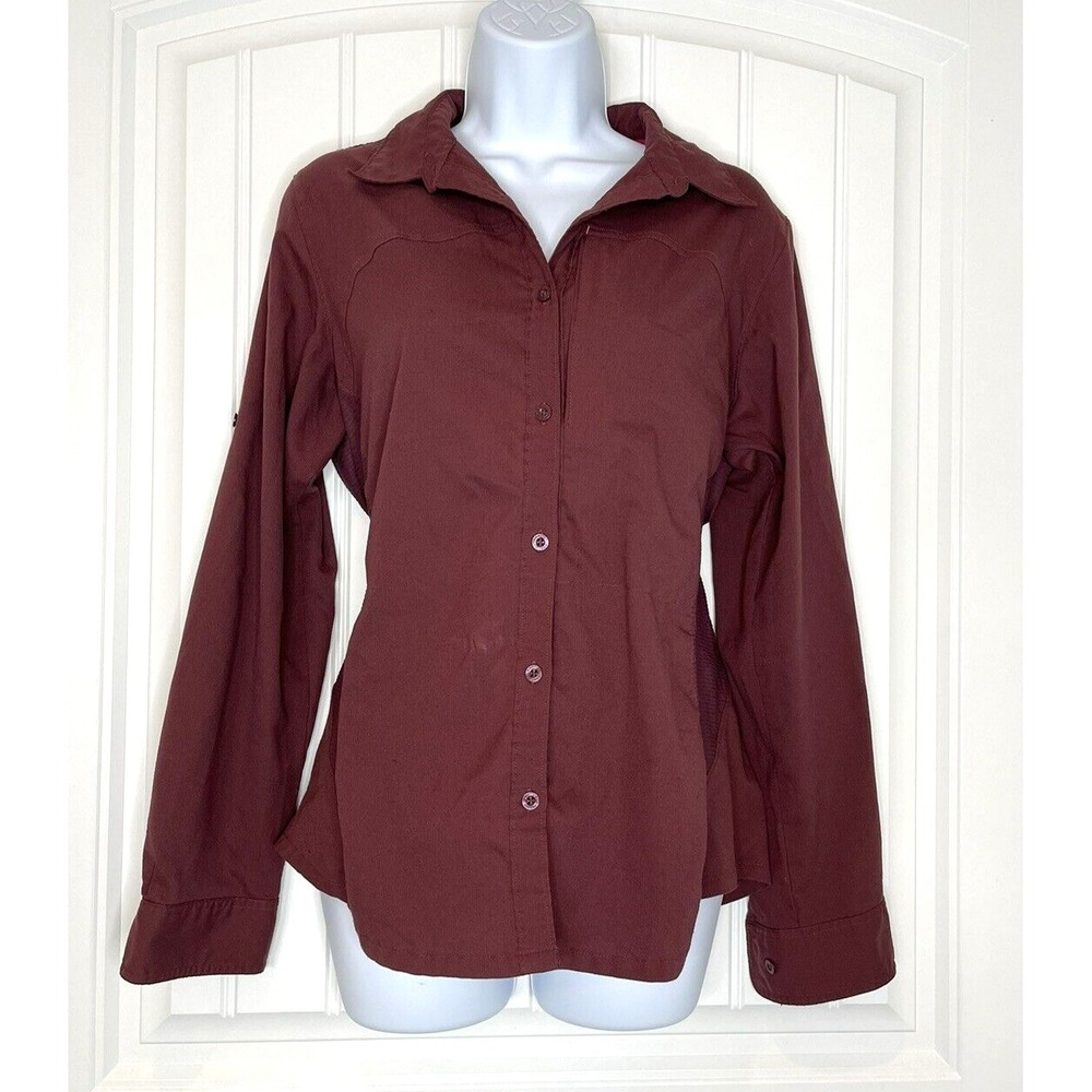 Columbia Sportswear Women Button Up Roll Tab Sleeve‎ Large Vented Burgundy Shirt